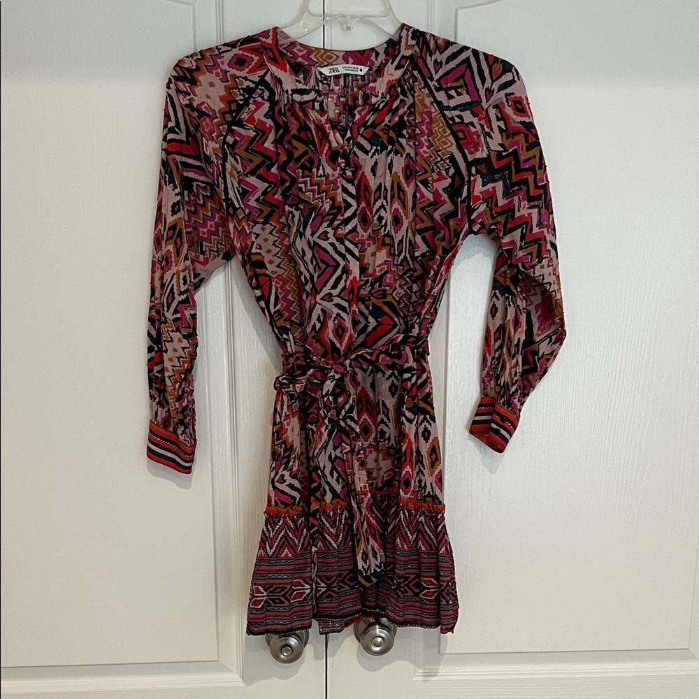 Zara Long Sleeve Dress with Red and Black Geometric Pattern